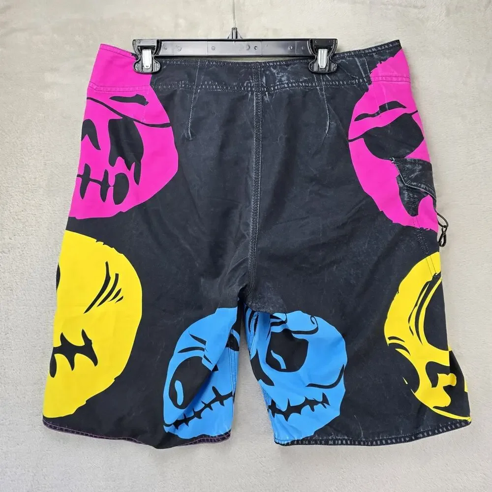 Vintage Volcom Board Shorts Mens 34 Black Y2K Neon Skull Swim Surf Artist Series